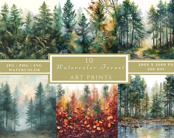 Watercolor Forest Clipart: Woodland Landscape Art (JPG, PNG, SVG)