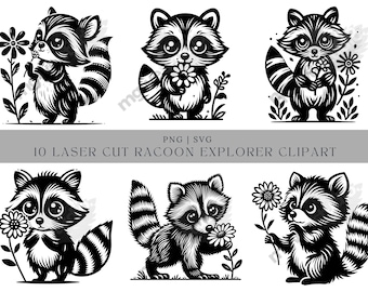 Raccoon Laser Cut SVG Bundle, 10 PNG and 10 SVG Cute Raccoon Files for Cricut, Glowforge and Laser Cutting Machines, Animal Cut File