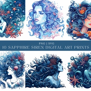 10 Meerjungfrau Fantasie Clipart Sirene Digital Art Wohnzimmer Rahmen Kunst Sapphire Sirene Digital Art Print Direkter Download hochwertige nautische