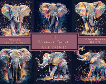 Elephant Splash Art: Colorful Clipart PNG, SVG, JPG (Digital Download)