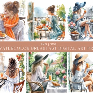 10 Clipart de niña de acuarela, Set de desayuno en el balcón, Imprimible, PNG de alta calidad, Descarga digital, Artesanía en papel, diarios basura, Croissant