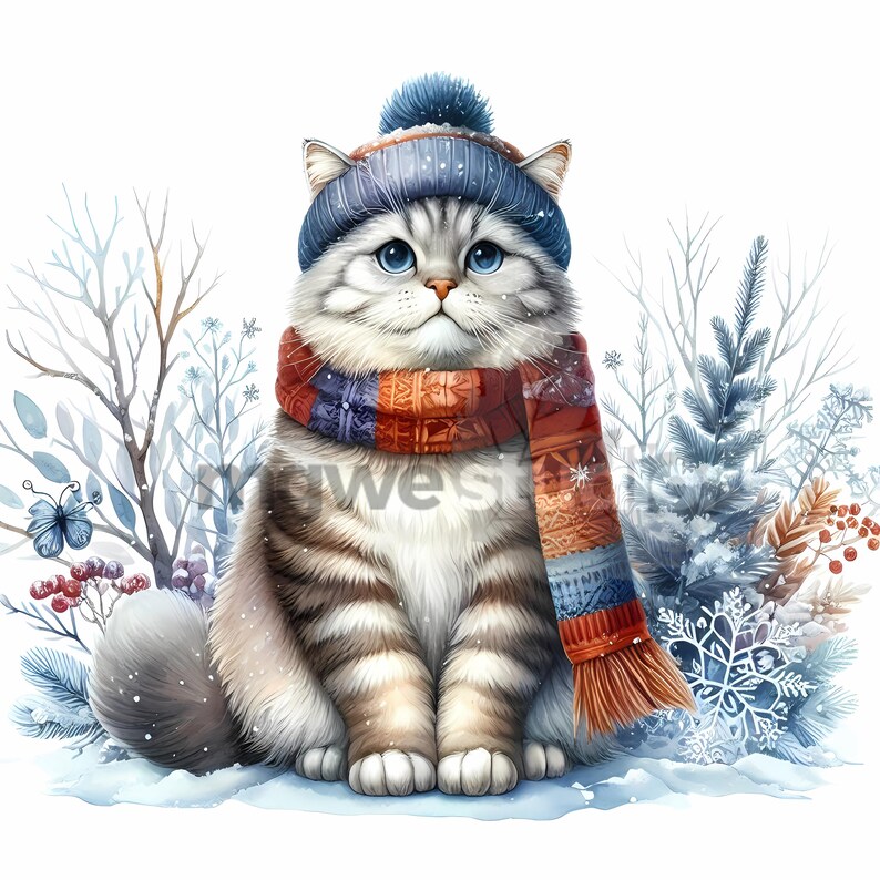 Winter Cat Watercolor Clipart Set, 11 JPG Files of Cats in Scarves for ...