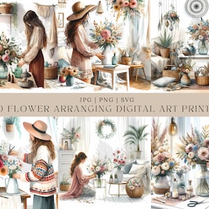 10 cliparts aquarelle fille, arrangement floral, imprimable, haute qualité PNG, téléchargement numérique, créations en papier, journaux indésirables, fille bohème