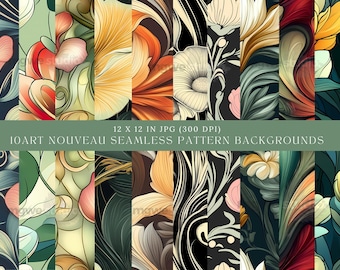 Art Nouveau Floral Seamless Patterns: Vintage Deco Backgrounds (Digital Download)