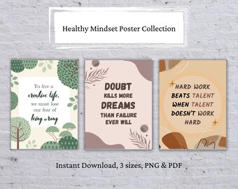 May include: Three printable posters with motivational quotes. The first poster has a green background with trees and the quote "To live a creative life, we must lose our fear of being wrong". The second poster has a pink background with leaves and the quote "Doubt kills more dreams than failure ever will". The third poster has a brown background with abstract shapes and the quote "Hard work beats talent when talent doesn't work hard".