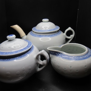 Vintage Chinese rice eyes porcelain teapot, creamer, sugar dispenser