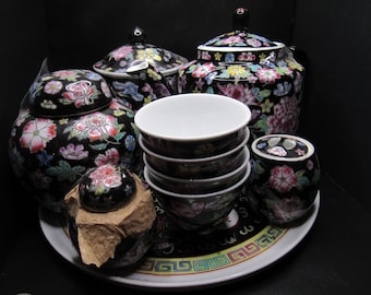 Chinese porcelain famille noire tea set with 3 ginger jars