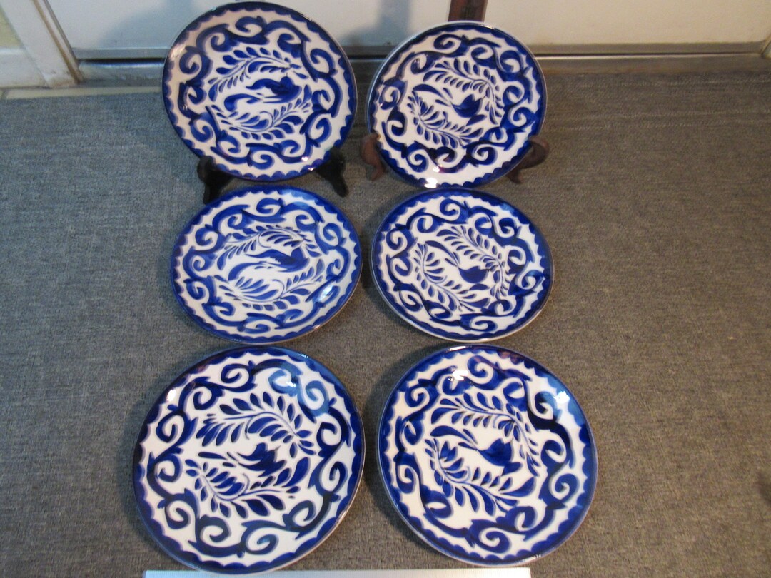 6 Vintage Anfora Puebla Blue Salad Plates Made in Mexico Etsy