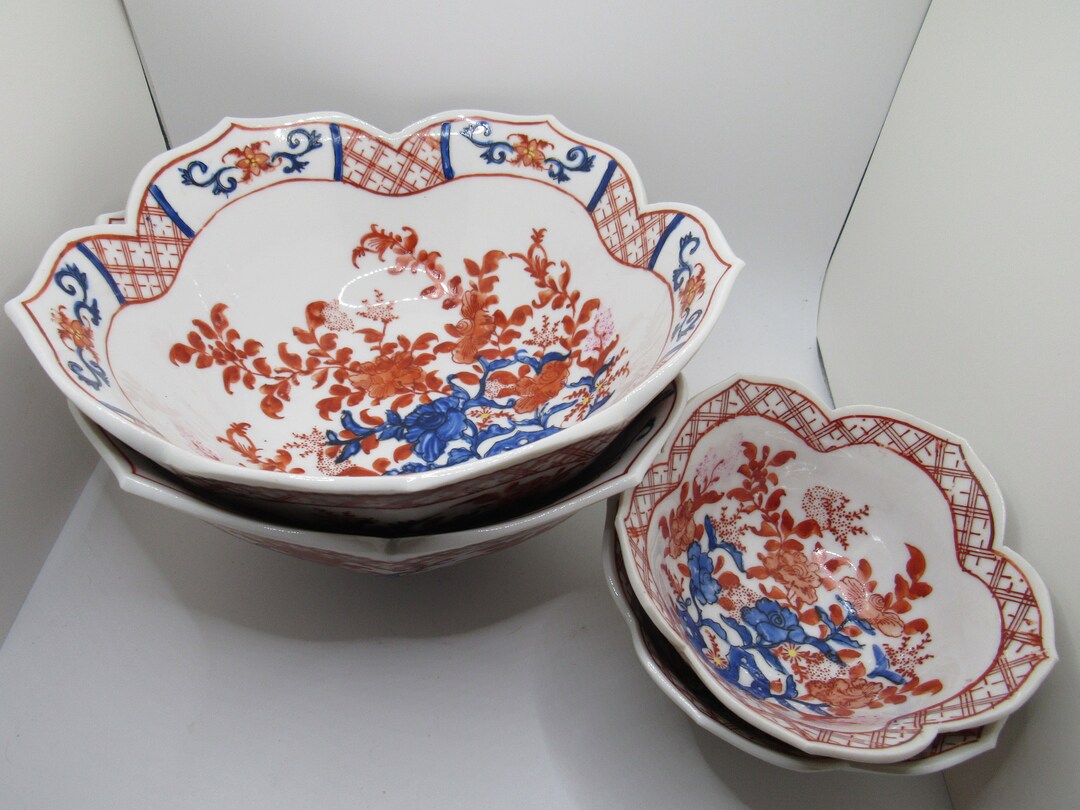 4 Vintage Imari ACF Japanese Lotus Bowls Decorated in Hong Kong 1950s