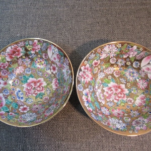 2 rare antique Chinese famille rose gold mille fleur 7 3/4&quot; bowls