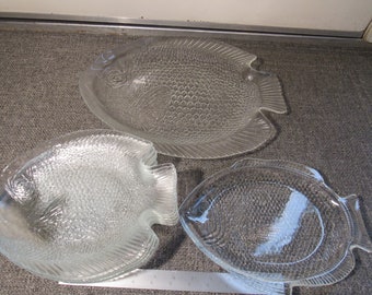 8 piece vintage French large arcoroc clear glass fish plates