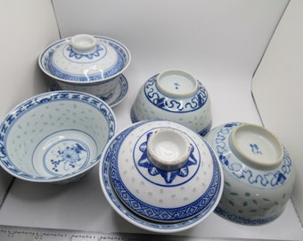 Lot antique Chinese blue&white rice eyes porcelain