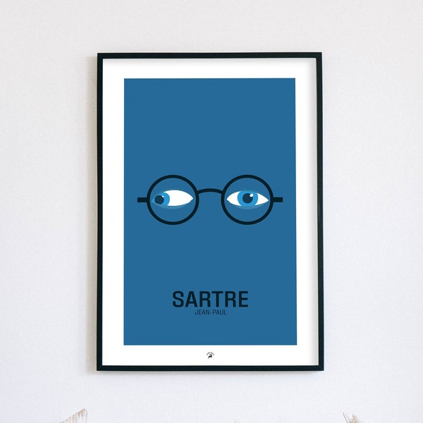 Jean-Paul Sartre Affiche, poster, Affiche colorée, portrait, affiche portrait, Affiche déco, déco maison, portrait écrivain, Impression
