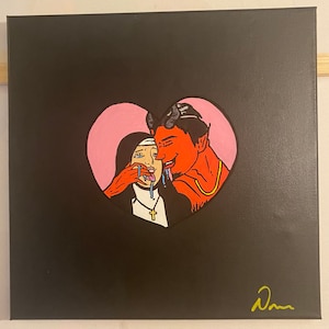May include: A painting on a black canvas depicting a red devil with horns and a gold chain, kissing a nun with a blue and white habit and a gold cross. The couple is inside a pink heart shape.