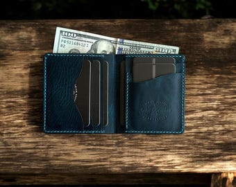 パーソナライズされたメンズレザー二つ折り財布 – ネイビー イタリアンフルグレイン