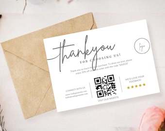 Custom QR code, Unique thank you card template, Canva, Editable, Small business, Thank you for your purchase, Minimalist, Order packaging