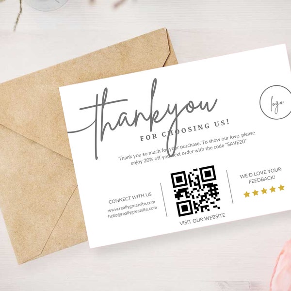 Custom QR code, Unique thank you card template, Canva, Editable, Small business, Thank you for your purchase, Minimalist, Order packaging