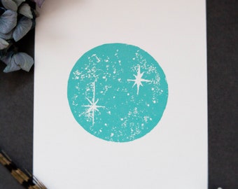 Teal Moon Linocut Print