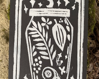 Magic Jar Linocut Print (White ink on black paper)