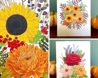 Autumnal Flower Notecard Set, Thank you cards
