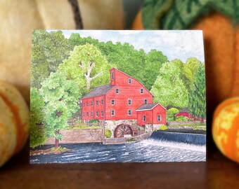May include: A watercolor painting of a red gristmill with a water wheel, surrounded by green trees and a river. The mill has a white trim and multiple windows. The river has a small waterfall.