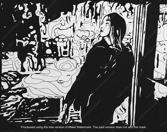 May include: Black and white abstract art print featuring a figure in a contemplative pose. The artwork uses bold lines and shapes to create a striking visual effect. The image has a high contrast, with the figure and background elements rendered in stark black and white.