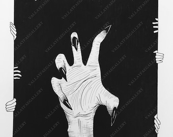 May include: Black and white illustration of a hand with long, sharp black nails emerging from a black square. Several pairs of hands are visible around the square's edges, creating a frame. The artwork has a gothic or horror theme.