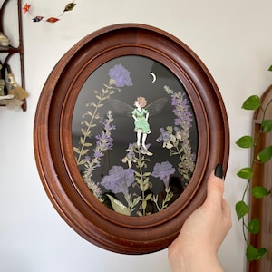 Viola Fairy Collage, Art Prints, Fairy Watercolor, Pressed Flowers, fairy wings, Whimsical Home Decor, goblin, witch, gnome, Cicada Wings