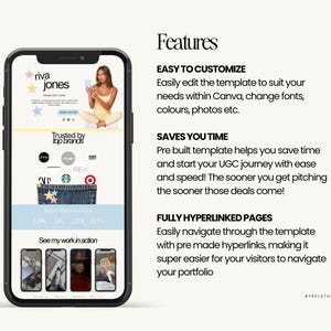 May include: A smartphone displays a website template with the text "riva jones" and "Trusted by top brands." The template includes a photo of a person and several brand logos. The text "Features" and other descriptive text are also visible.