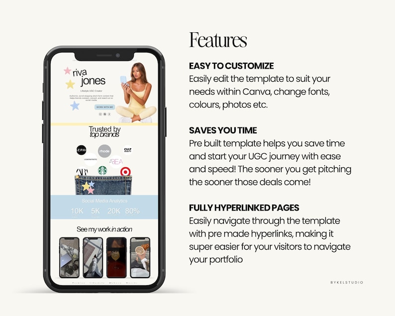May include: A smartphone displays a website template with the text "riva jones" and "Trusted by top brands." The template includes a photo of a person and several brand logos. The text "Features" and other descriptive text are also visible.