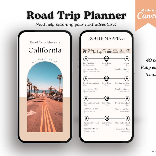 Road Trip Planner, Editable Road Trip Itinerary Template, Travel itinerary, Road Trip Printable, Route Planner, Digital Road Trip Planner.