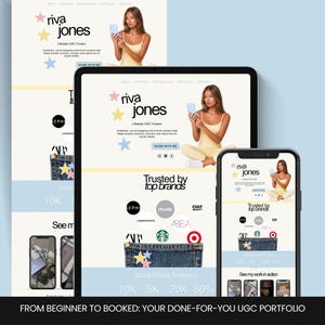 May include: A website design displayed on a tablet and smartphone, featuring the name "riva jones" with a woman holding a phone. The design includes logos of well-known brands and the text "FROM BEGINNER TO BOOKED: YOUR DONE-FOR-YOU UGC PORTFOLIO."