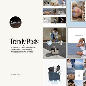 Puede incluir: Presentación de un producto digital con el logotipo de Canva y el texto "Trendy Posts". La imagen muestra una colección de publicaciones de Instagram estéticas e historias a juego, con imágenes relacionadas con el estilo de vida y la moda.