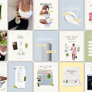 May include: A collection of wellness-themed graphics. The images include a bag of greens, a woman with a drink, workout tips, skincare, smoothie recipes, and daily wellness essentials. The images are on a light blue or white background.