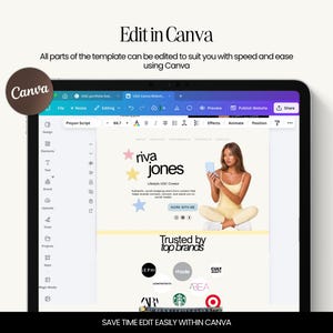 May include: A digital tablet displaying a website template with the text "Edit in Canva". The website features a woman holding a phone, the name "riva jones", and logos of popular brands. The Canva logo is in the upper left corner.