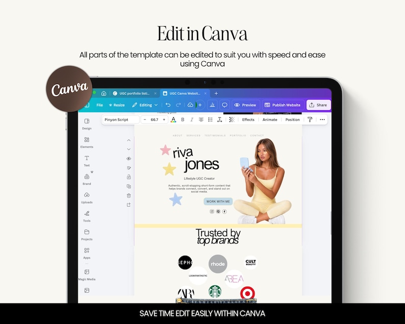 May include: A digital tablet displaying a website template with the text "Edit in Canva". The website features a woman holding a phone, the name "riva jones", and logos of popular brands. The Canva logo is in the upper left corner.