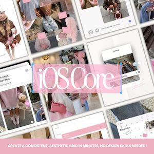 Op de afbeelding: Een raster van afbeeldingen met een roze en witte esthetiek. De afbeeldingen bevatten mode, accessoires en screenshots van apps. Tekst bevat "ember reset plan", "iOS Core" en "CREATE A CONSISTENT, AESTHETIC GRID IN MINUTES, NO DESIGN SKILLS NEEDED!"