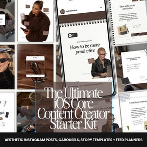 Puede incluir: Plantillas de publicaciones estéticas de Instagram y planificadores de feeds. La imagen muestra un teléfono que muestra un cuaderno digital con el texto "How to be more productive". Otras imágenes incluyen una mujer, elementos esenciales de escritorio y el texto "The Ultimate iOS Core Content Creator Starter Kit."