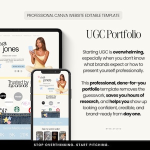 May include: A digital mockup of a website and mobile phone screen displaying a UGC portfolio template. The template features a woman holding a phone, the text "riva jones", and the phrase "Trusted by top brands". The text "STOP OVERTHINKING. START PITCHING." is at the bottom.