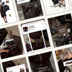 Puede incluir: Un collage de imágenes con temas de moda y estilo de vida. Las imágenes incluyen un bolso tote marrón, un bolso de cuero marrón con una hebilla dorada y una persona con un abrigo marrón. El texto incluye "TODAY'S V", "HOW TO GET ORGANIZED THIS MONTH" y "Monthly Recap".