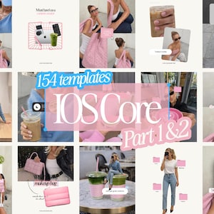 Puede incluir: Un collage de imágenes con una estética consistente, con superposiciones de texto y fotos de estilo de vida. La imagen central muestra "154 plantillas IOS Core Parte 1 & 2". Otras imágenes incluyen bebidas, accesorios y superposiciones de texto.