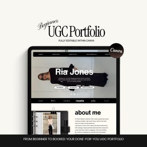 May include: A digital template for a Beginner UGC Portfolio, fully editable in Canva. The screen displays a website layout for a creator named Ria Jones, featuring sections for services, portfolio, testimonials, and an about me page with text.