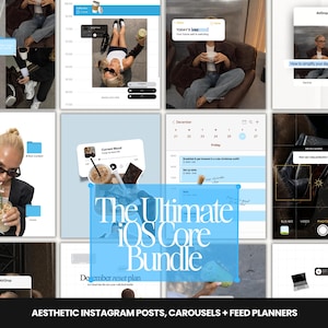 Puede incluir: Publicaciones estéticas de Instagram y planificadores de feeds. La imagen presenta maquetas digitales de pantallas de teléfono con calendarios y diseños de redes sociales. El texto incluye "The Ultimate iOS Core Bundle" y "Aesthetic Instagram Posts, Carousels + Feed Planners."