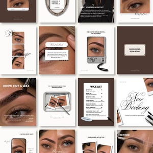 Op de afbeelding: Een verzameling social media sjablonen voor een wenkbrauwstylist met close-up fotografie van wenkbrauwen, prijslijsten en boekingsinformatie. De ontwerpen gebruiken een neutraal kleurenpalet met bruine en witte achtergronden.