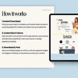 May include: A digital design template displayed on a tablet and a white background. The tablet shows a website with the text "riva jones" and "Trusted by top brands." The text "How it works" is also visible, along with instructions for downloading, customizing, and posting.