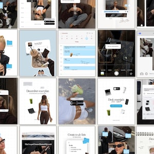 Puede incluir: Un collage de imágenes con elementos de estilo de vida. Las imágenes incluyen un calendario, una lista de tareas, un portátil, un teléfono y una taza de café. El texto incluye "December reset plan" y "Desk essentials you need."