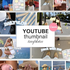 May include: A collection of YouTube thumbnail templates featuring lifestyle imagery including a blue tote bag, a suitcase with stickers, a person in a brown tank top, a pink suitcase, ice cream, blue and white striped fabric, and beach scenes.