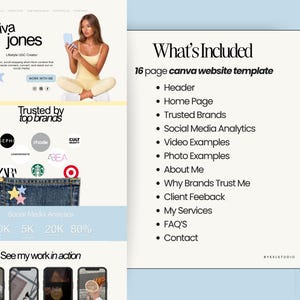 May include: A website template design with a light blue and yellow color scheme. The design includes the name "riva jones", a photo of a woman, and a list of included features such as "Header", "Home Page", and "Trusted Brands".