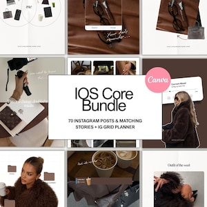 Puede incluir: Un paquete de plantillas de marketing digital titulado IOS Core Bundle que incluye 70 publicaciones de Instagram, historias a juego y un planificador de cuadrícula de IG. El diseño muestra varias imágenes de estilo de vida, café, moda y accesorios.