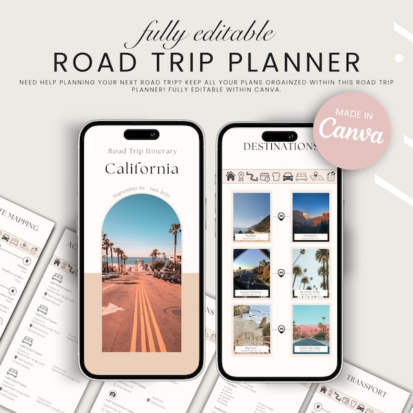 Road Trip Planner, Editable Road Trip Itinerary Template, Travel itinerary, Road Trip Printable, Route Planner, Digital Road Trip Planner.